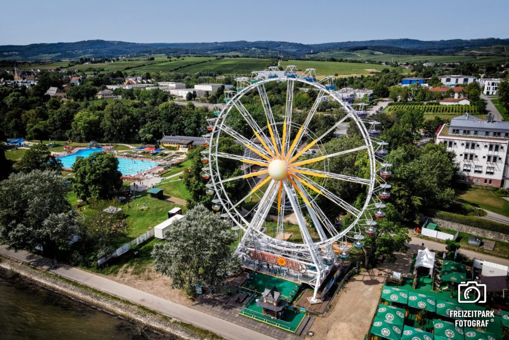 Drone shot of the Eltville Ferris wheel over the Rhine for the Barth show company